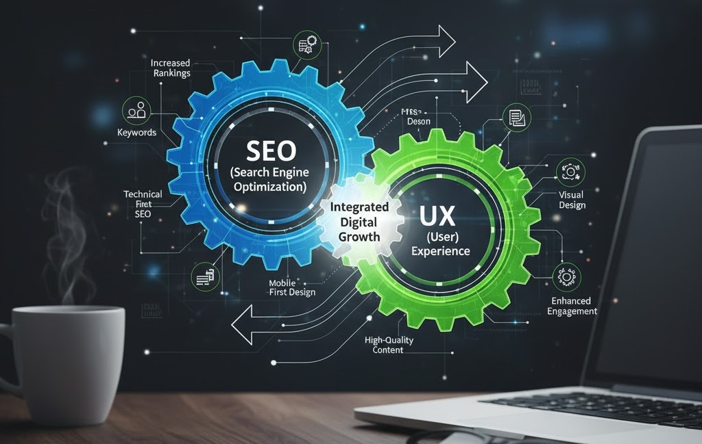 Image of two interlocking gears, one labeled SEO and the other UX, symbolizing how they work together to improve website performance.